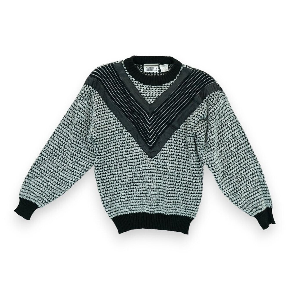 Vtg 90’s Gabrielle Black GEOMETRIC Leather Knit Winter Sweater Size M Korea Made